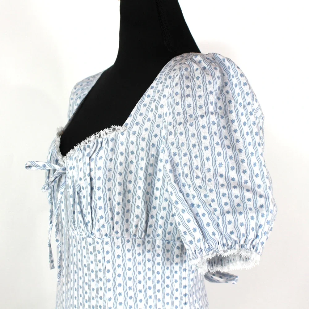 Reformation Cherise Maxi Dress NEW Linen Blue Motif Short Puff Sleeve Size 10 - Picture 4 of 8